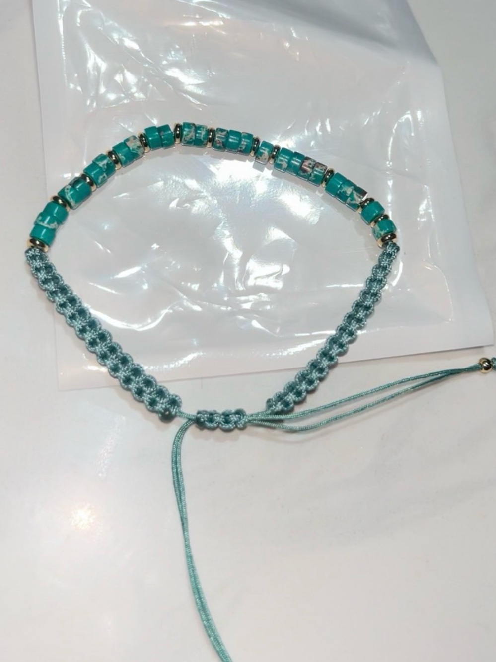 Teal Beaded Macramé Adjustable Bracelet